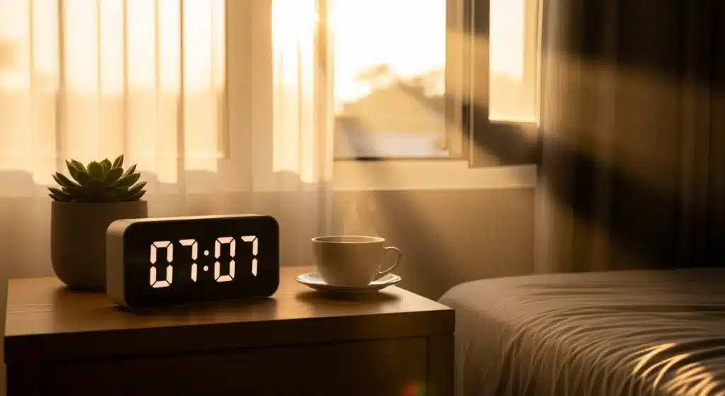 Réveil digital affichant 07h07 signification heure miroir spirituelle sur table de chevet au lever du soleil