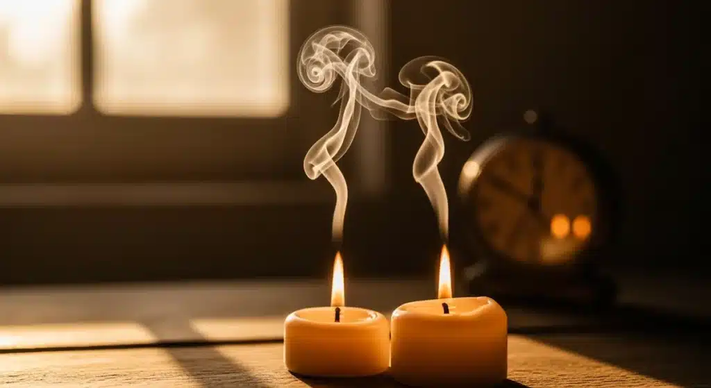 Deux bougies aux flammes synchronisées symbolisant 08h08 signification flamme jumelle sur table en bois