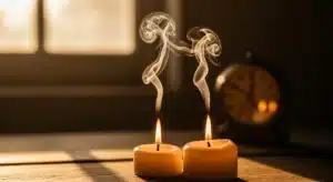 Deux bougies aux flammes synchronisées symbolisant 08h08 signification flamme jumelle sur table en bois