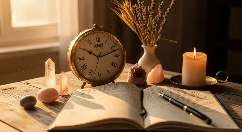 Horloge vintage affichant 09h09 signification spirituelle sur bureau avec journal et cristaux