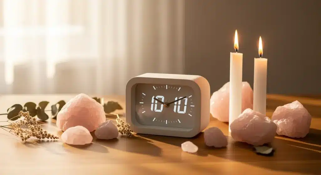 Horloge affichant 10h10 avec bougies jumelles et cristaux de quartz rose pour signification flamme jumelle