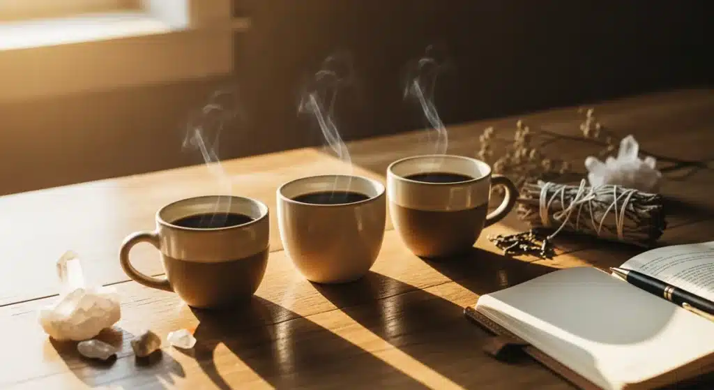 Trois tasses de café alignées sur table en bois avec cristaux et journal ouvert illustrant 111 signification spirituelle