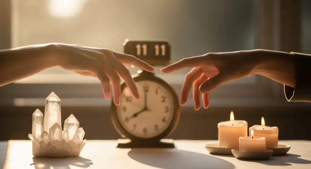 Deux mains se rejoignant avec horloge affichant 11h11 en arrière-plan, symbolisant la connexion flamme jumelle