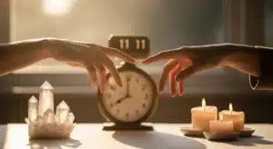 Deux mains se rejoignant avec horloge affichant 11h11 en arrière-plan, symbolisant la connexion flamme jumelle