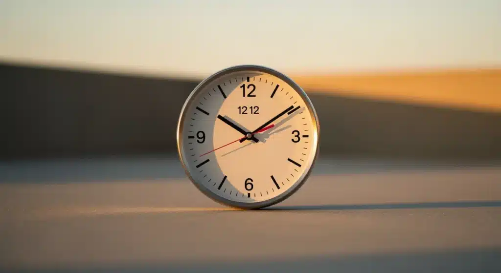 Horloge analogique élégante affichant 12h12 signification heure miroir spirituelle lumière dorée