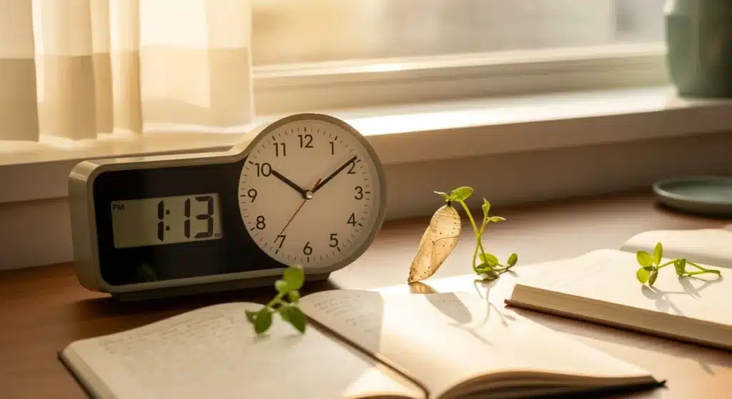 Horloge analogique affichant 13h13 sur bureau en bois avec éléments de transformation naturels