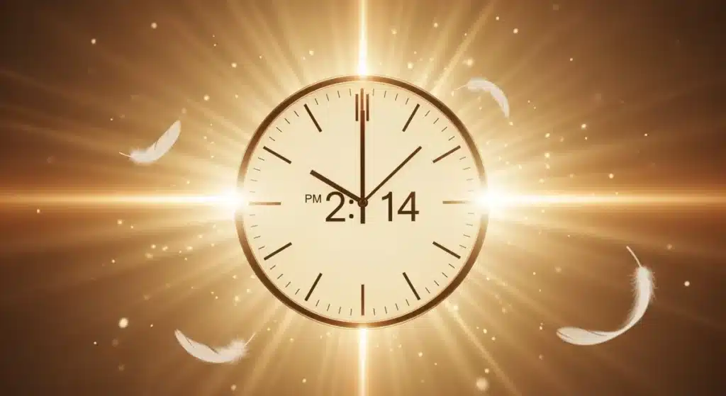 Horloge élégante affichant 14h14 entourée de rayons dorés symbolisant la signification spirituelle