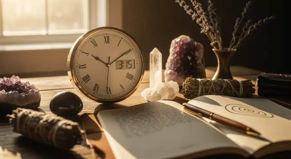 Horloge analogique affichant 15h15 signification heure miroir sur bureau bois avec cristaux spirituels