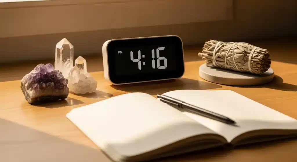 Horloge digitale affichant 16h16 sur bureau minimaliste avec cristaux et journal spirituel
