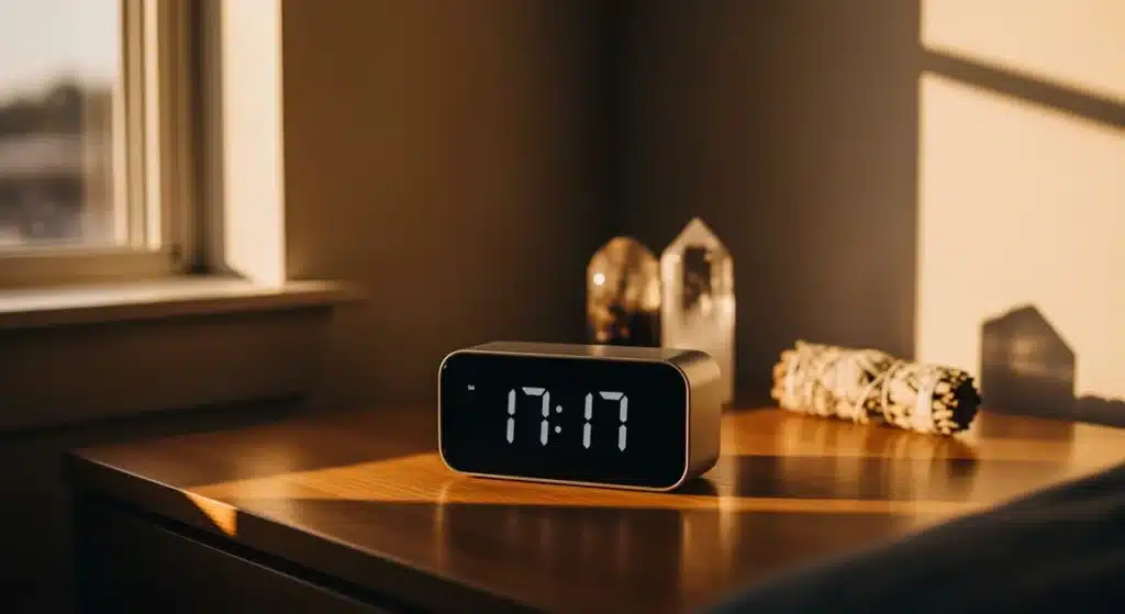 Horloge digitale affichant 17h17 sur table en bois avec éclairage doré, symbolisant la signification spirituelle de cette heure miroir