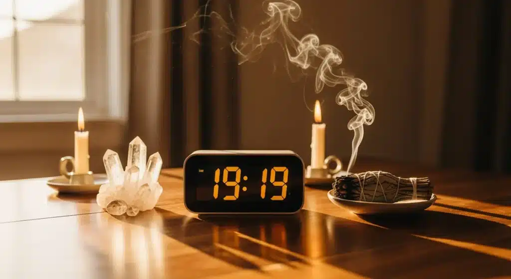 Horloge digitale affichant 19h19 entourée de bougies et cristaux dans ambiance spirituelle dorée