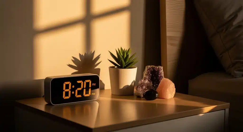 Horloge numérique affichant 20h20 dans ambiance spirituelle douce avec éclairage chaleureux