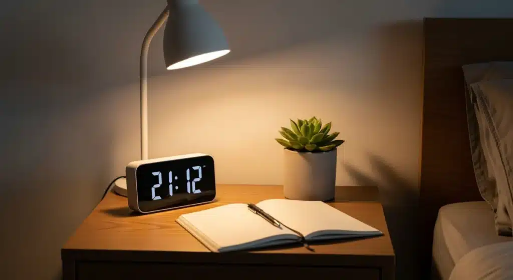 Horloge digitale affichant 21h12 sur table de chevet avec journal ouvert, symbolisant la signification spirituelle de cette heure miroir