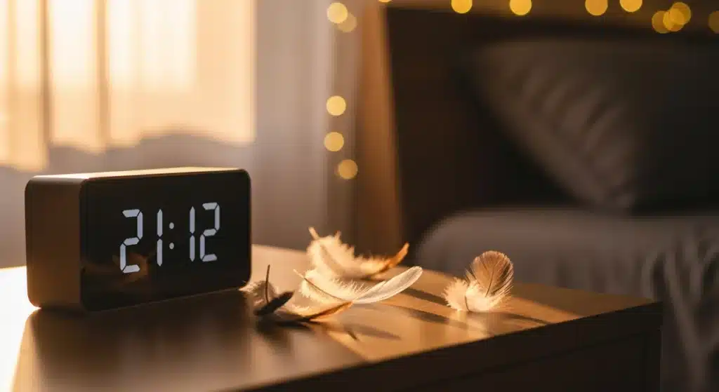 Horloge numérique affichant 21h12 signification avec plumes et lumière dorée ambiance spirituelle