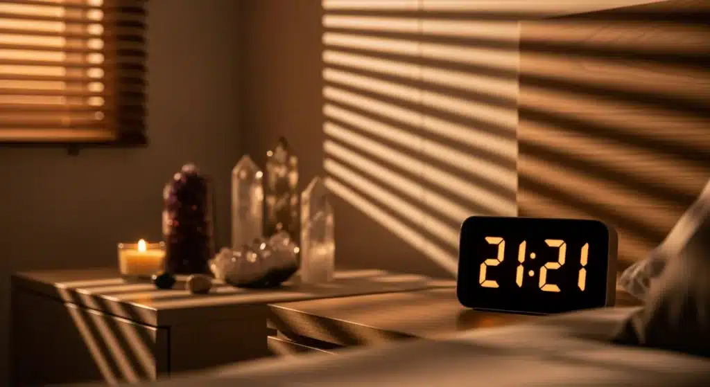 Horloge digitale affichant 21h21 dans chambre moderne avec éclairage tamisé - 21h21 signification