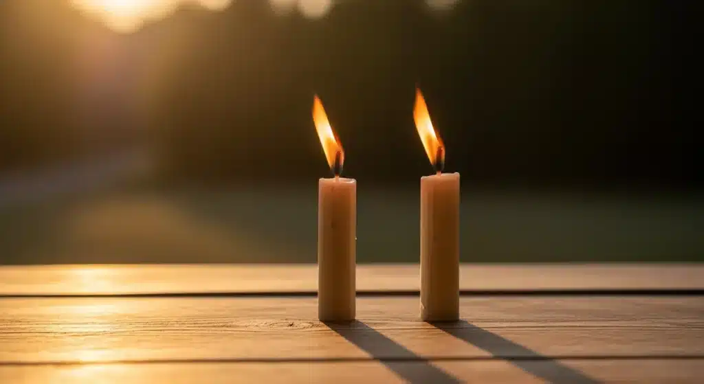 Deux bougies aux flammes synchronisées symbolisant 22h22 signification flamme jumelle et harmonie spirituelle