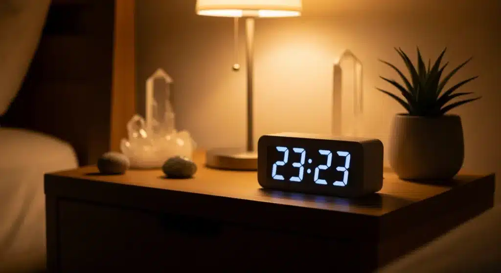 Réveil digital affichant 23h23 sur table de chevet, symbolisant la signification spirituelle de cette heure miroir