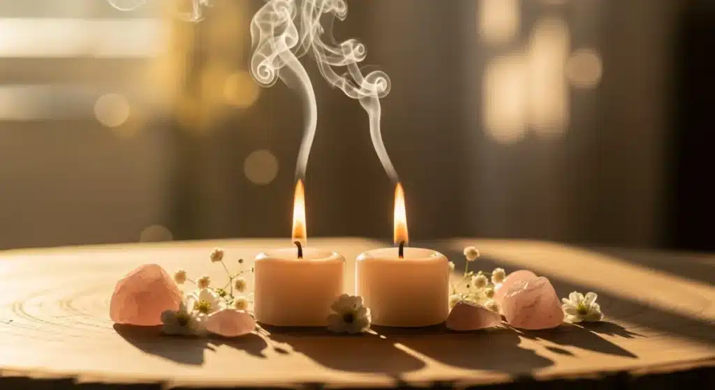 Deux bougies aux flammes synchronisées symbolisant la 444 signification flamme jumelle avec cristaux