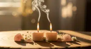 Deux bougies aux flammes synchronisées symbolisant la 444 signification flamme jumelle avec cristaux