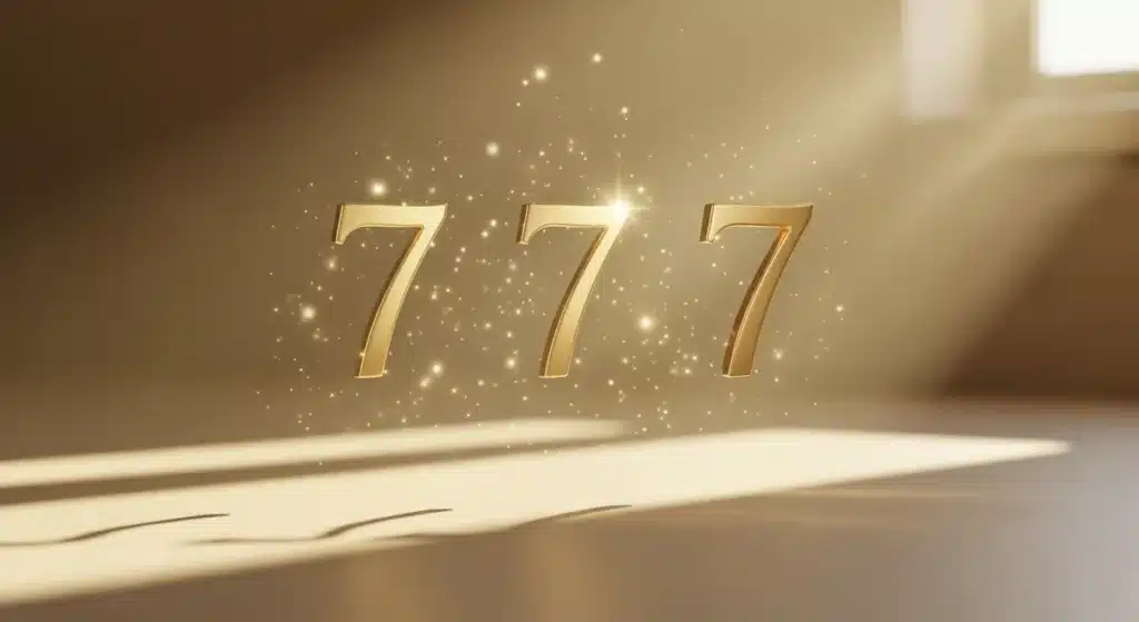 Trois chiffres 7 dorés flottant dans une lumière divine pour illustrer la 777 signification angélique