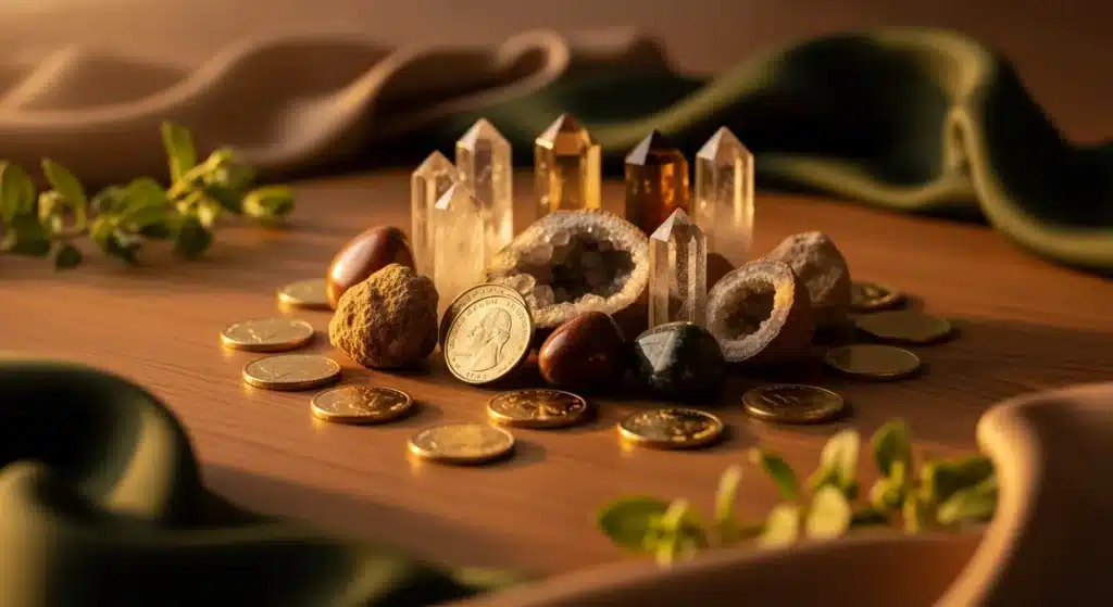 Pièces dorées et cristaux disposés harmonieusement symbolisant la 888 signification d'abondance spirituelle