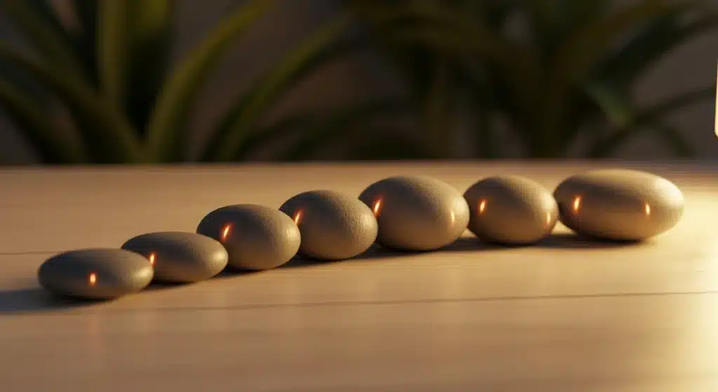 Sept pierres lisses disposées en ligne courbe représentant les 7 chakras dans un espace de méditation zen