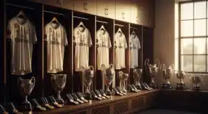 Maillots blancs Real Madrid dans vestiaire avec trophées, illustrant le classement Real Madrid
