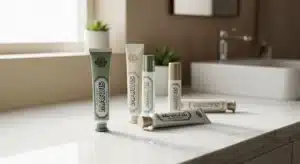 Tubes de dentifrice Marvis de luxe disposés élégamment sur comptoir en marbre dans salle de bain moderne