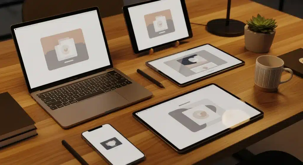 Espace de travail moderne avec appareils Apple affichant des interfaces flat design minimalistes