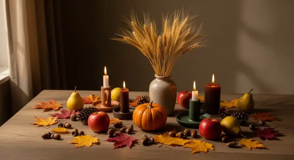Table d'automne Mabon avec blé doré, feuilles colorées, pommes, bougies et citrouille pour équinoxe