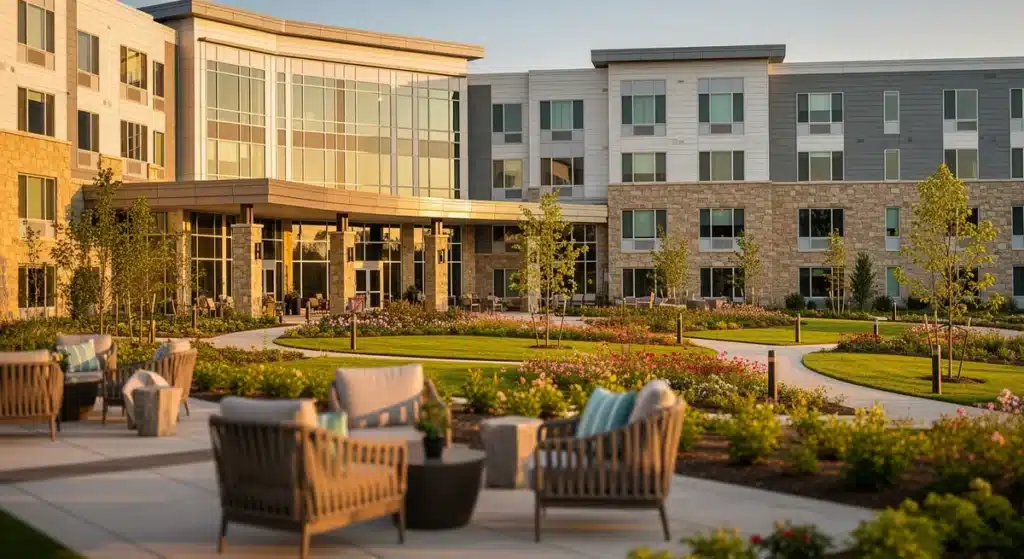 Maison de retraite moderne avec jardins paysagers et espaces de vie extérieurs pour seniors