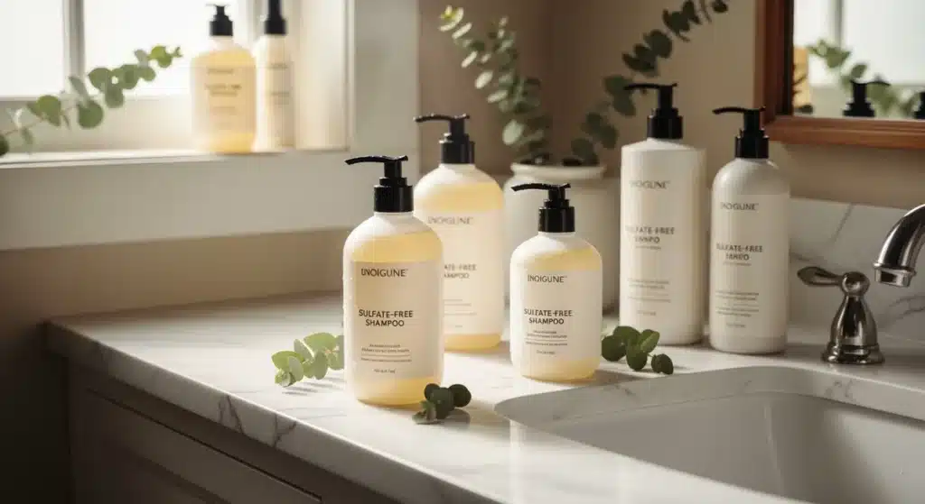 Flacons de shampoing sans sulfate disposés sur comptoir en marbre avec éclairage naturel doux