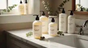 Flacons de shampoing sans sulfate disposés sur comptoir en marbre avec éclairage naturel doux