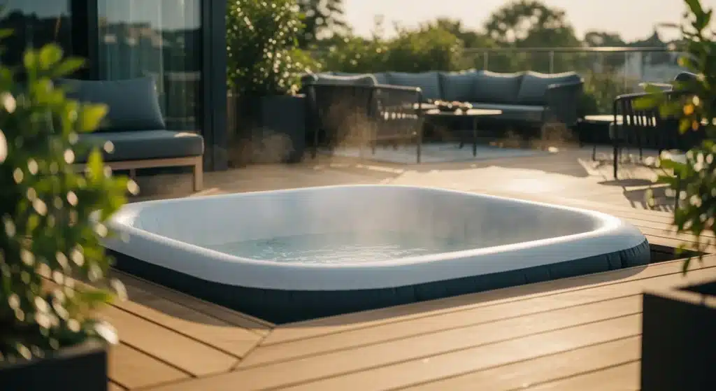 Spa gonflable luxueux installé sur terrasse moderne en bois avec vapeur d'eau au coucher du soleil