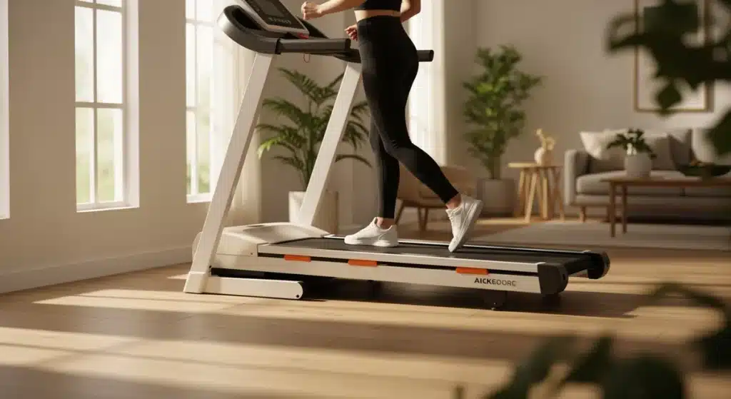 Tapis de marche moderne dans un espace fitness domestique minimaliste avec éclairage naturel