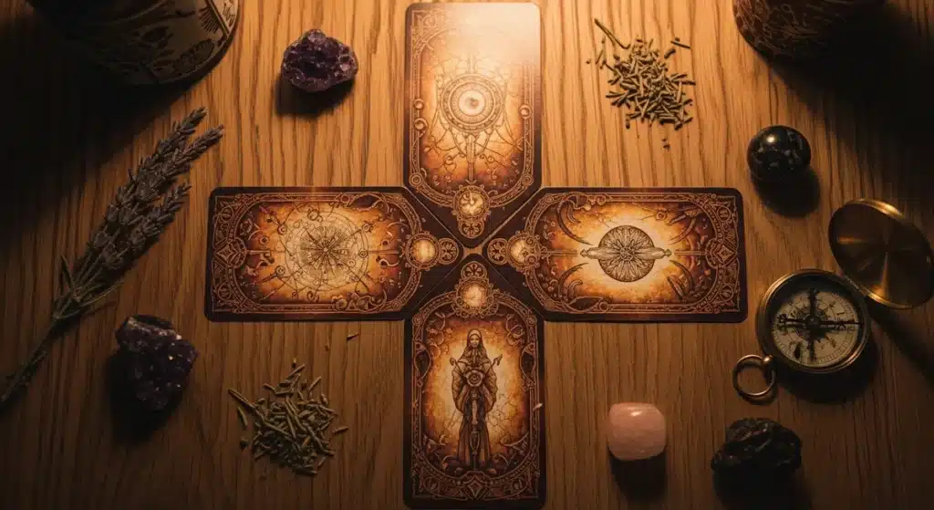 Tirage oracle de Belline en croix avec cinq cartes disposées sur table en bois avec cristaux