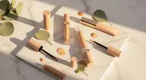 Tubes anti cerne et applicateurs cosmétiques disposés sur marbre avec éclairage naturel doux