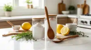 Bicarbonate de soude dans des contenants en verre avec herbes fraîches et citrons sur plan de travail