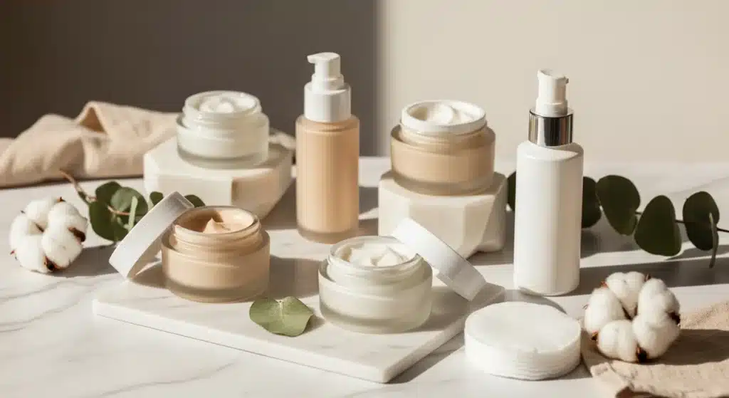 Crème hydratante visage haut de gamme disposée sur marbre avec éléments botaniques naturels