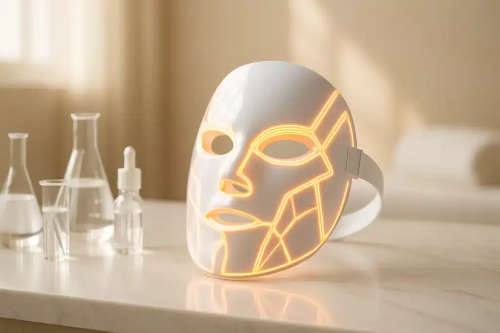 Masque LED visage professionnel sur marbre blanc avec équipements scientifiques pour traitement