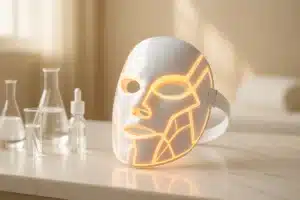 Masque LED visage professionnel sur marbre blanc avec équipements scientifiques pour traitement