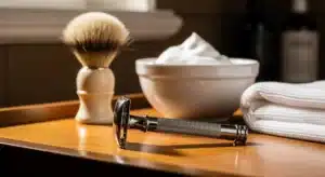 Rasoir de sûreté vintage en métal argenté avec accessoires de rasage traditionnels sur surface bois