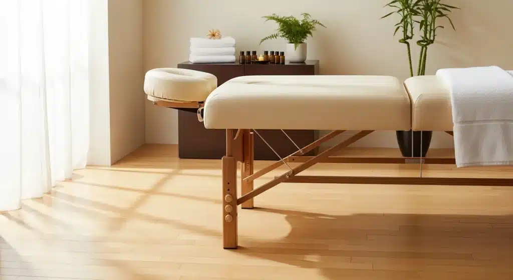 Table de massage professionnelle en bois avec rembourrage beige dans environnement spa serein