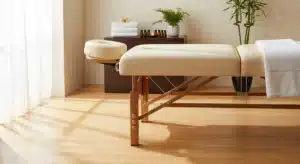 Table de massage professionnelle en bois avec rembourrage beige dans environnement spa serein