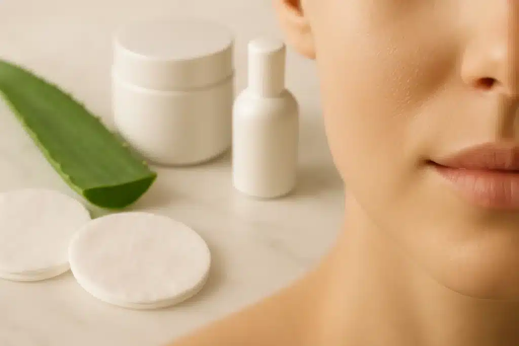 ```json { "altText": "Soins dermatologiques pour traiter un bouton poil incarné avec produits naturels et coton sur marbre", "caption": "Des soins dermatologiques appropriés permettent de traiter efficacement les boutons causés par les poils incarnés.", "description": "Composition professionnelle illustrant les soins dermatologiques recommandés pour traiter un bouton poil incarné. L'image présente des éléments essentiels comme des cotons doux, de l'aloe vera naturel et des contenants minimalistes sur une surface propre, symbolisant l'approche douce et hygiénique nécessaire pour prévenir les complications liées aux poils incarnés." } ```