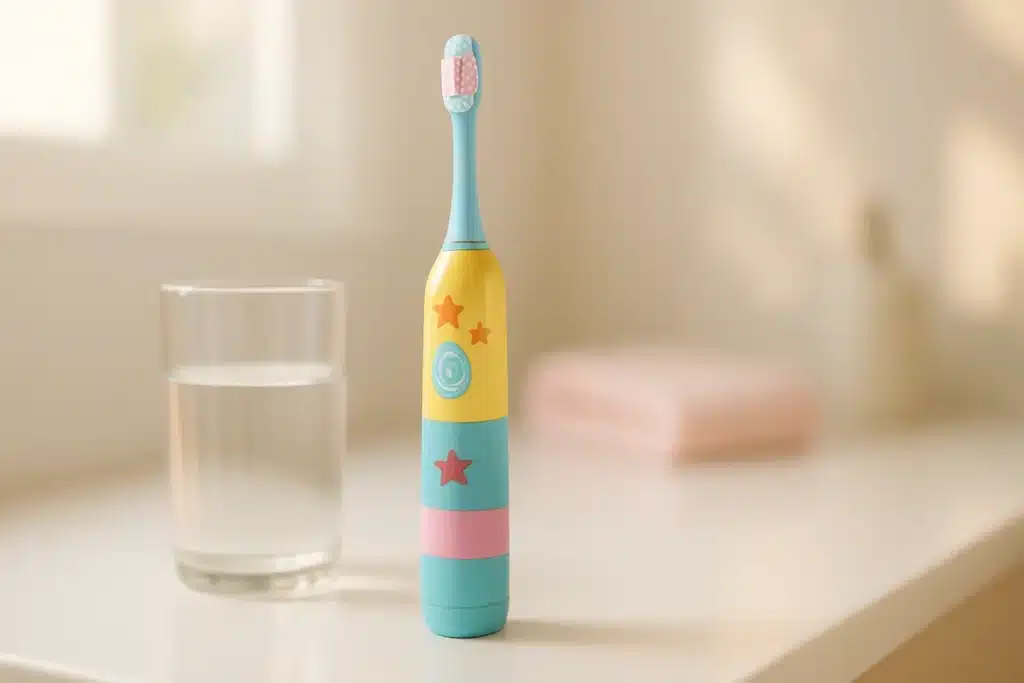 ```json { "altText": "Brosse à dent électrique enfant colorée posée sur un comptoir de salle de bain blanc avec verre d'eau", "caption": "Une brosse à dent électrique pour enfant dans un environnement d'utilisation quotidienne réaliste.", "description": "Brosse à dent électrique enfant aux couleurs pastel présentée dans un contexte d'utilisation authentique sur un comptoir de salle de bain. Cette mise en scène illustre les critères pratiques souvent négligés par les fabricants lors du choix d'une brosse à dent électrique adaptée aux enfants." } ```