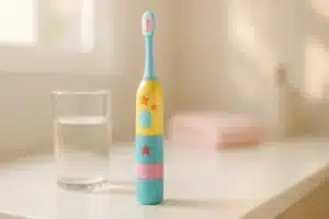 ```json { "altText": "Brosse à dent électrique enfant colorée posée sur un comptoir de salle de bain blanc avec verre d'eau", "caption": "Une brosse à dent électrique pour enfant dans un environnement d'utilisation quotidienne réaliste.", "description": "Brosse à dent électrique enfant aux couleurs pastel présentée dans un contexte d'utilisation authentique sur un comptoir de salle de bain. Cette mise en scène illustre les critères pratiques souvent négligés par les fabricants lors du choix d'une brosse à dent électrique adaptée aux enfants." } ```