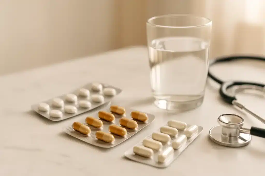 ```json { "altText": "Médicaments doliprane aspirine sur comptoir avec verre d'eau illustrant l'association médicamenteuse", "caption": "Présentation de médicaments courants dont le doliprane et l'aspirine, soulevant la question de leur association sécuritaire.", "description": "Composition pharmaceutique professionnelle montrant des plaquettes de médicaments sur un comptoir médical, illustrant la question de l'association doliprane aspirine. Cette image accompagne un article sur les risques et précautions à prendre lors de la prise combinée de ces deux antalgiques couramment utilisés." } ```