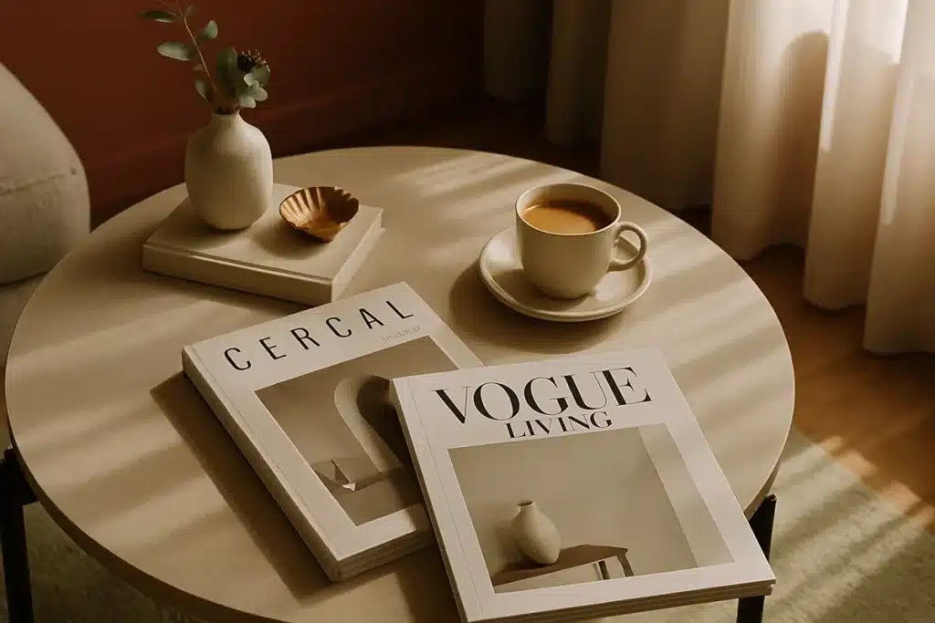 ```json { "altText": "Table basse élégante avec magazines design et café, ambiance Epershand Magazine style bordelais", "caption": "L'univers raffiné d'Epershand Magazine : entre design contemporain et art de vivre à la bordelaise.", "description": "Scène d'intérieur sophistiquée illustrant l'esthétique d'Epershand Magazine, le média bordelais dédié à la décoration et l'art de vivre. Cette mise en scène élégante avec magazines design, café et éléments décoratifs français capture parfaitement l'esprit raffiné et contemporain du magazine. Les tons terracotta et crème reflètent l'identité visuelle chaleureuse d'Epershand Magazine." } ```