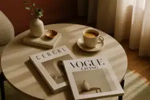 ```json { "altText": "Table basse élégante avec magazines design et café, ambiance Epershand Magazine style bordelais", "caption": "L'univers raffiné d'Epershand Magazine : entre design contemporain et art de vivre à la bordelaise.", "description": "Scène d'intérieur sophistiquée illustrant l'esthétique d'Epershand Magazine, le média bordelais dédié à la décoration et l'art de vivre. Cette mise en scène élégante avec magazines design, café et éléments décoratifs français capture parfaitement l'esprit raffiné et contemporain du magazine. Les tons terracotta et crème reflètent l'identité visuelle chaleureuse d'Epershand Magazine." } ```
